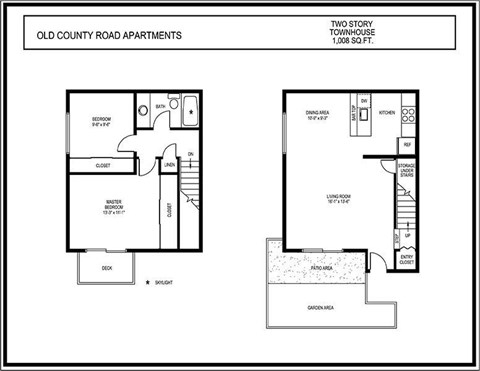 A floor plan for the Old County Road Apartments, a two-story townhouse with a total of 1,008 square feet.